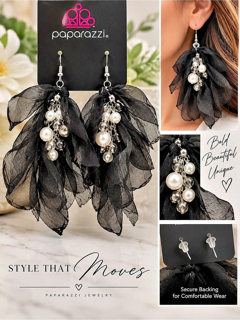 Paparazzi Cosmopolitan Chiffon - Black Flower & Pearl Earrings